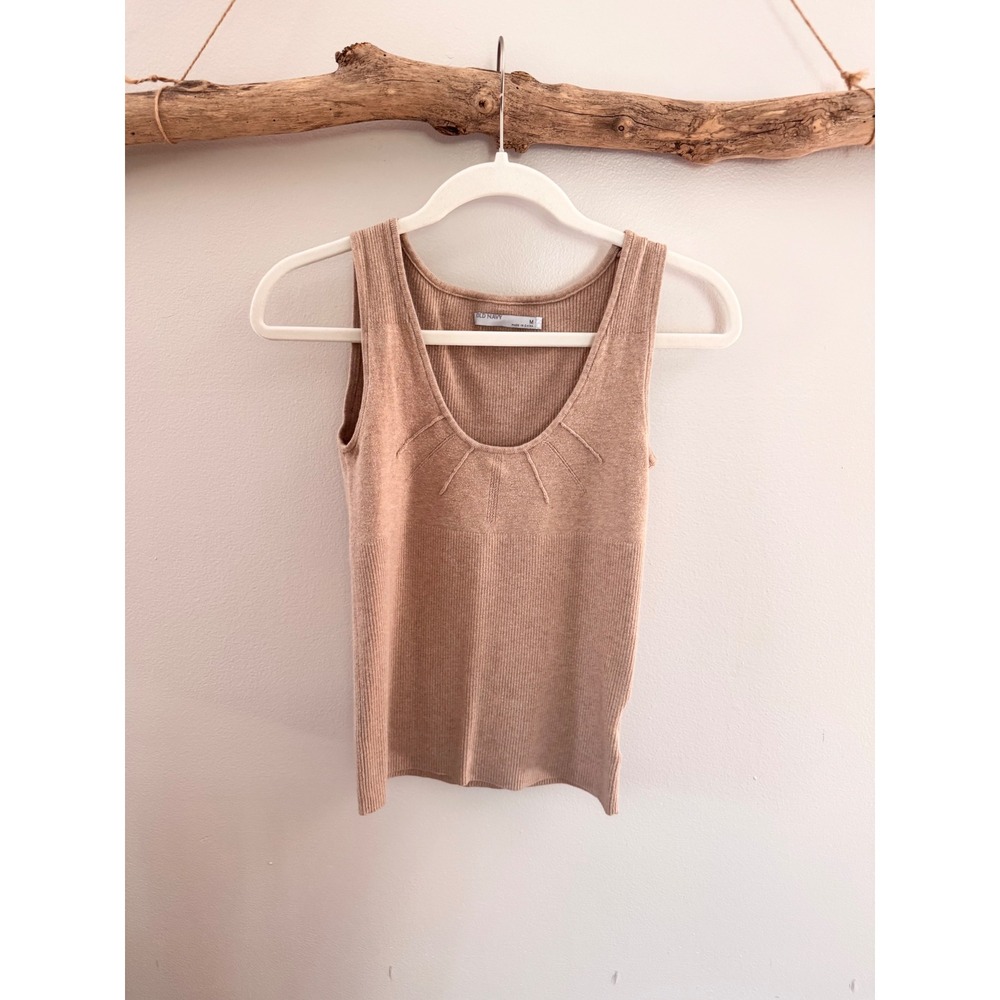 Old Navy Womens Tan Beige Ribbed Knit Scoop Neck Sunburst Sweater Tank Top Med.